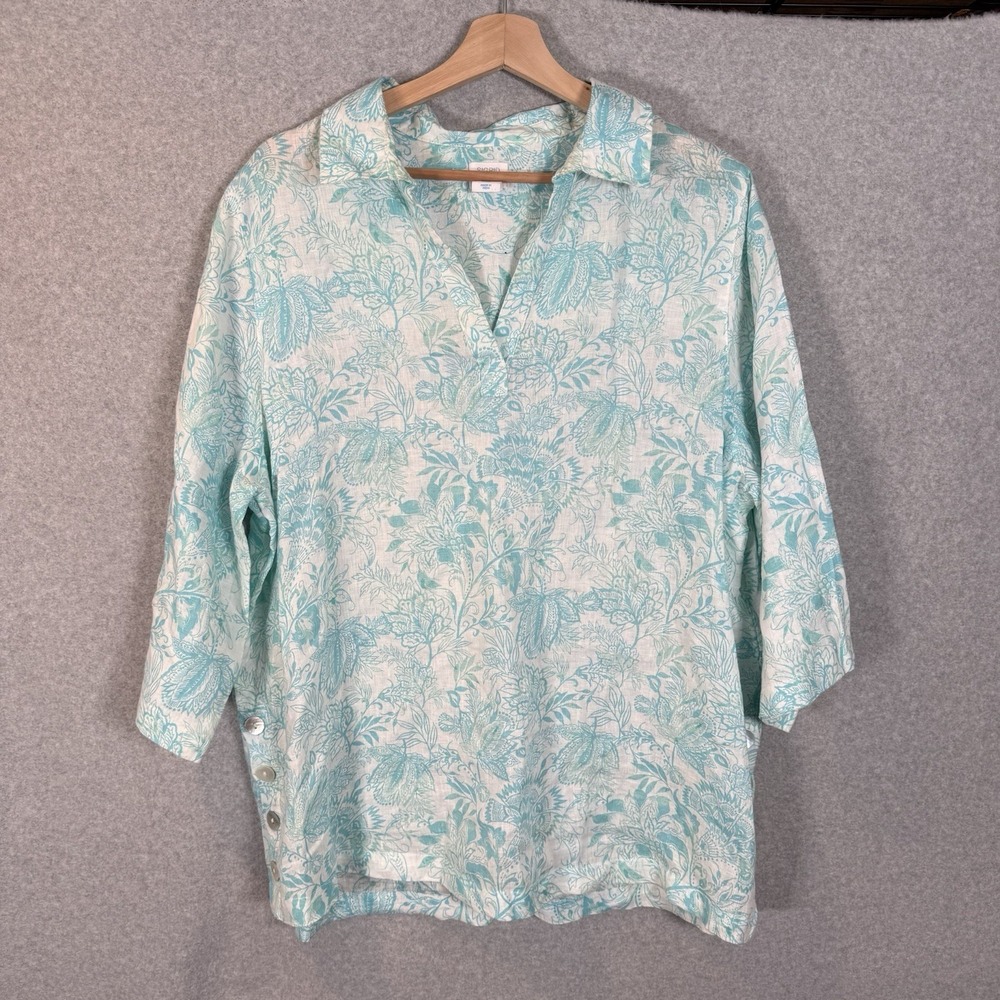 Sigrid Olsen Linen Tunic Top Womens 1X White Blue Floral Shirt